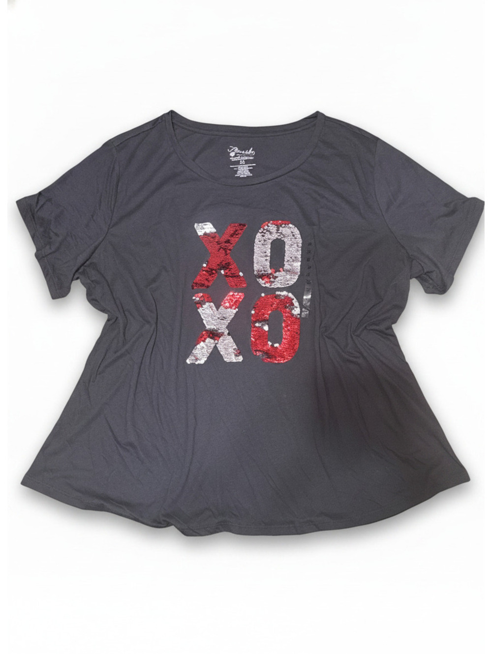 Fleurish Women's 3X Gray Sequin XO Graphic T-Shirt